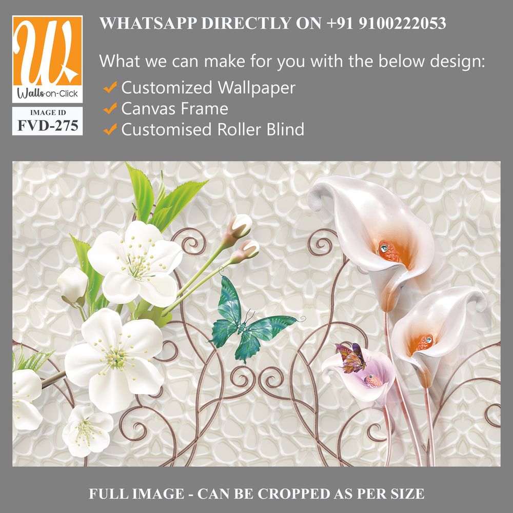 3D floral white calla lilies, butterfly on vine [WP-FVD-275]