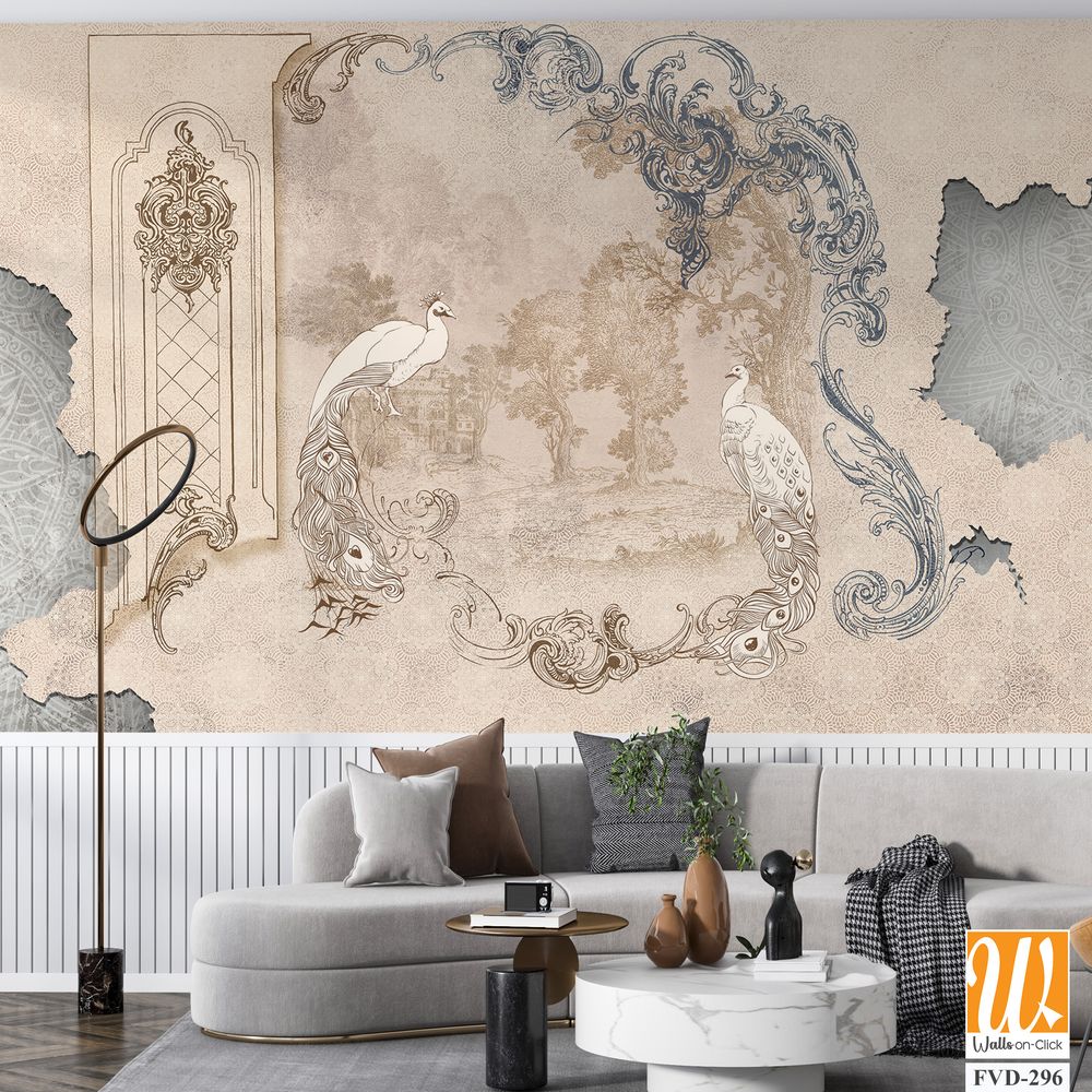 Wall mural, wallpaper, in the style of classic, baroque, modern, rococo. Wall mural with peacocks and patterned background. Light, delicate photo wallpaper design. [WP-FVD-296]