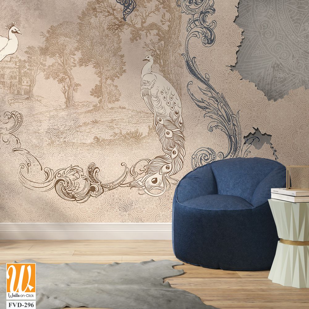 Wall mural, wallpaper, in the style of classic, baroque, modern, rococo. Wall mural with peacocks and patterned background. Light, delicate photo wallpaper design. [WP-FVD-296]