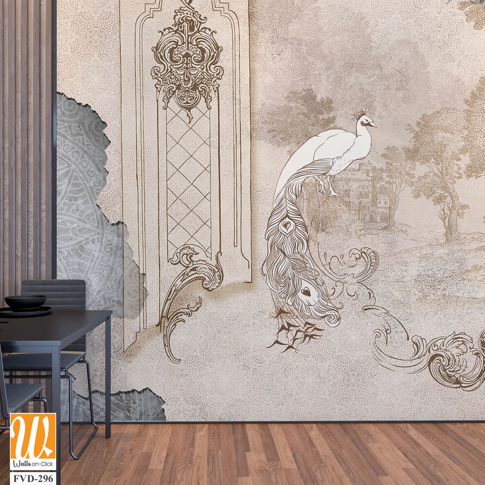 Wall mural, wallpaper, in the style of classic, baroque, modern, rococo. Wall mural with peacocks and patterned background. Light, delicate photo wallpaper design. [WP-FVD-296]