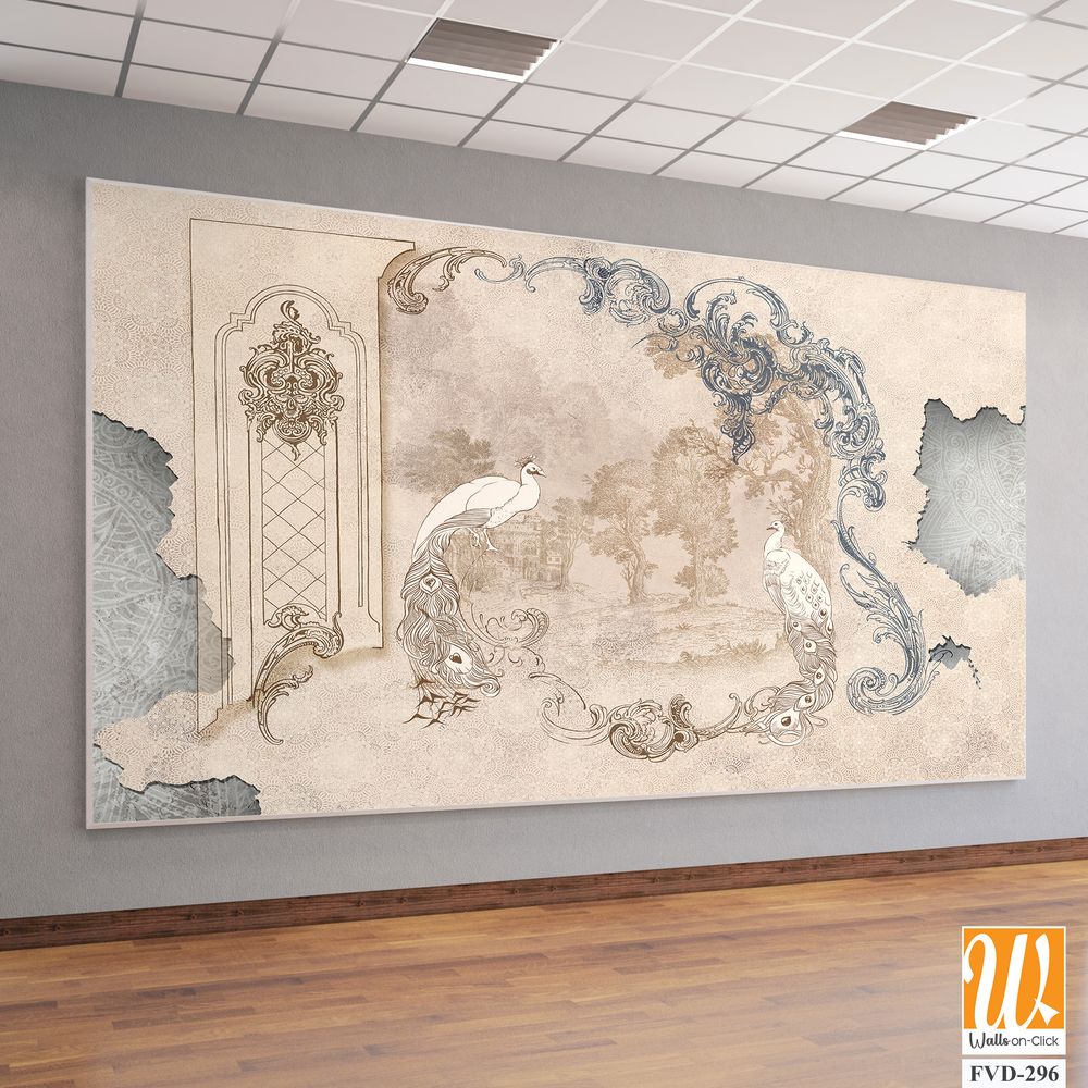 Wall mural, wallpaper, in the style of classic, baroque, modern, rococo. Wall mural with peacocks and patterned background. Light, delicate photo wallpaper design. [WP-FVD-296]