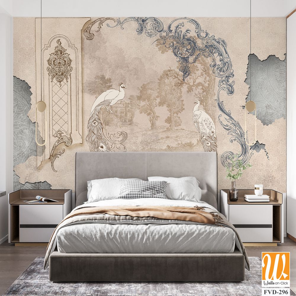 Wall mural, wallpaper, in the style of classic, baroque, modern, rococo. Wall mural with peacocks and patterned background. Light, delicate photo wallpaper design. [WP-FVD-296]