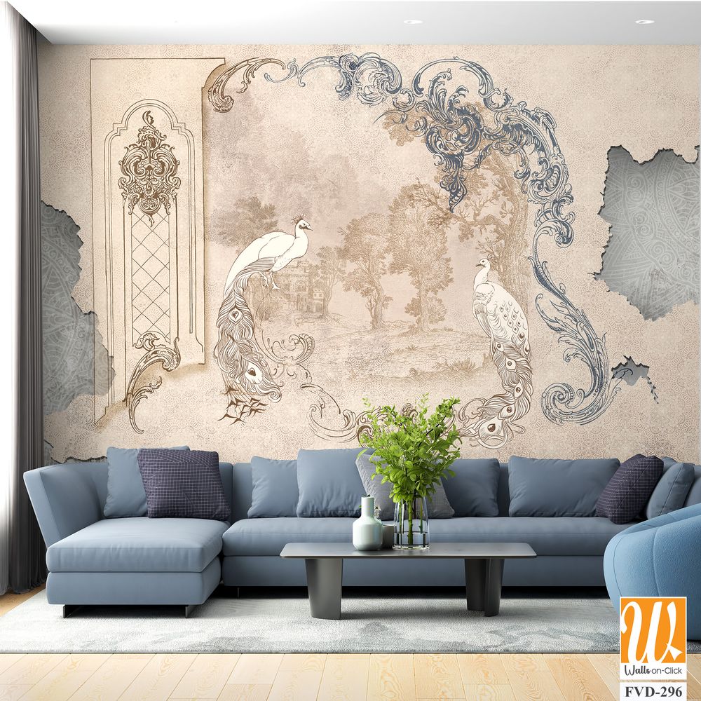 Wall mural, wallpaper, in the style of classic, baroque, modern, rococo. Wall mural with peacocks and patterned background. Light, delicate photo wallpaper design. [WP-FVD-296]