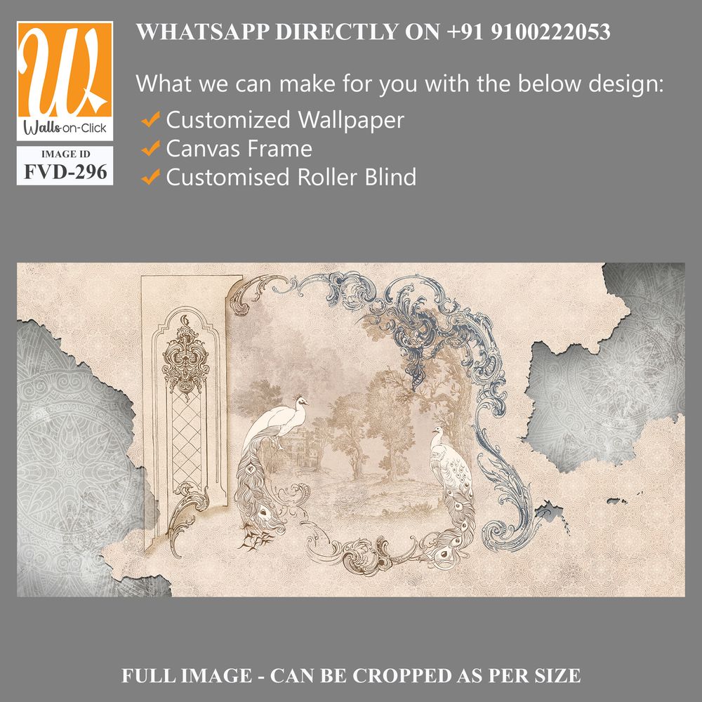 Wall mural, wallpaper, in the style of classic, baroque, modern, rococo. Wall mural with peacocks and patterned background. Light, delicate photo wallpaper design. [WP-FVD-296]