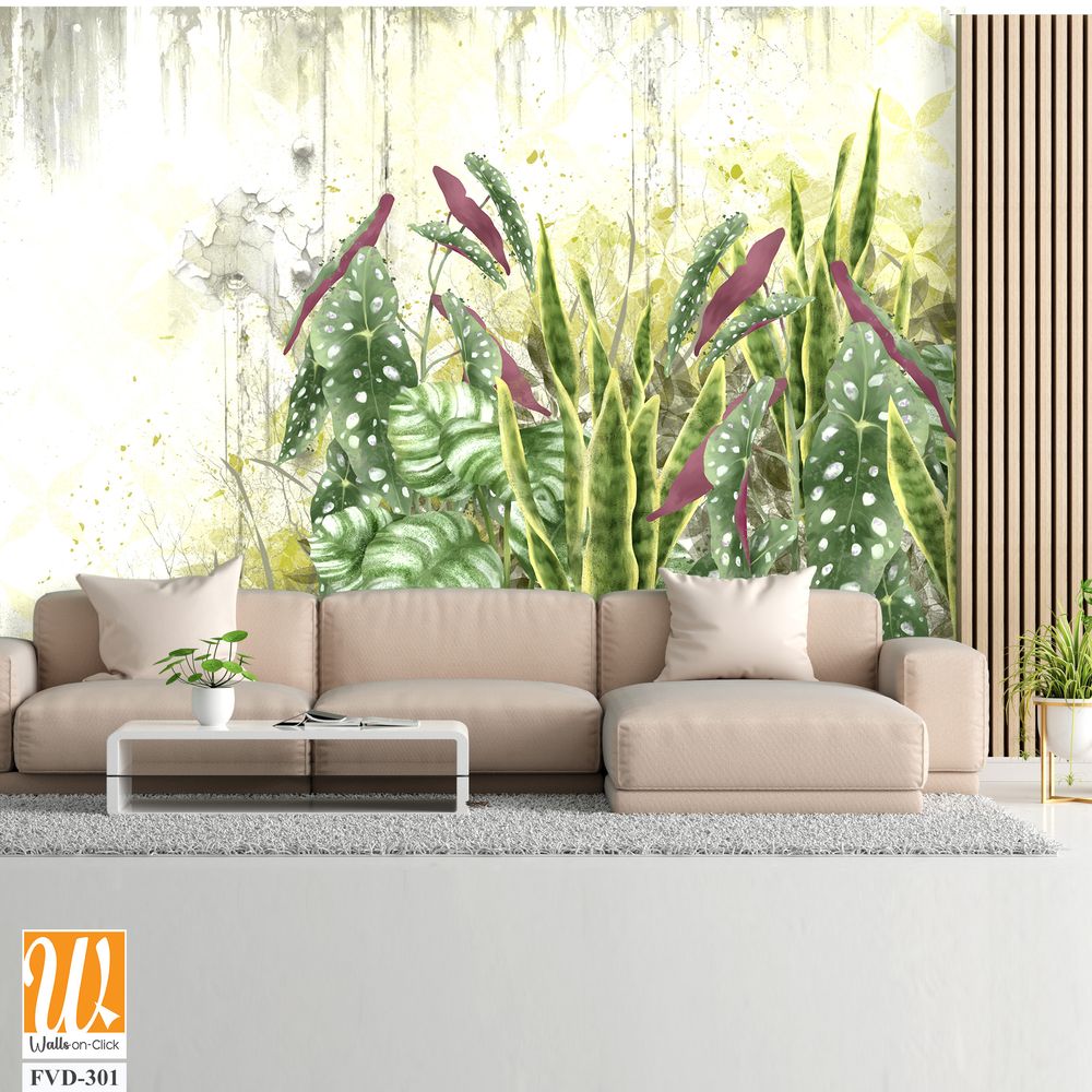 Light yellow background with shabby texture, tropical leaves in the foreground [WP-FVD-301]