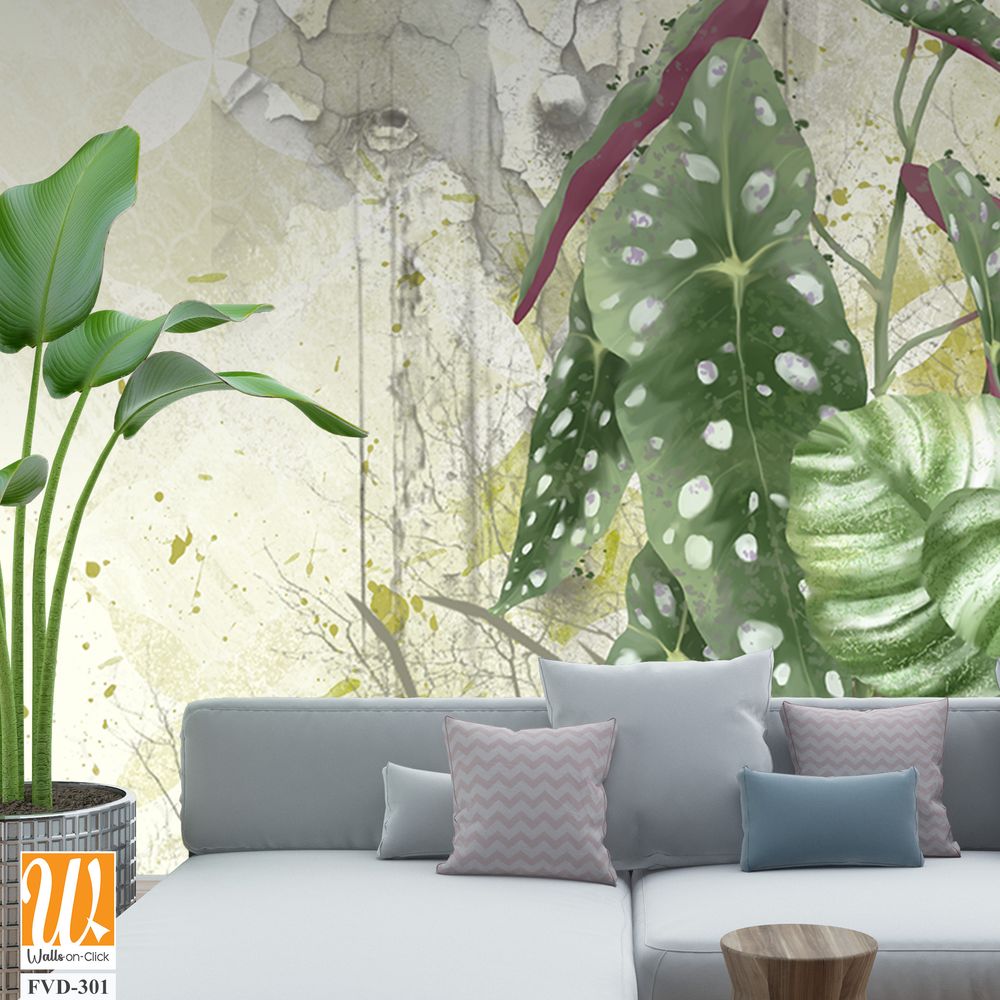 Light yellow background with shabby texture, tropical leaves in the foreground [WP-FVD-301]