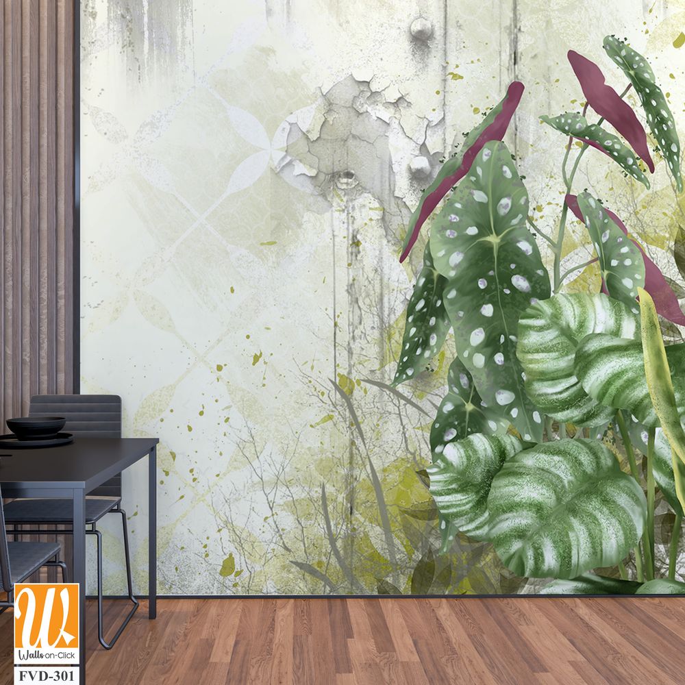 Light yellow background with shabby texture, tropical leaves in the foreground [WP-FVD-301]