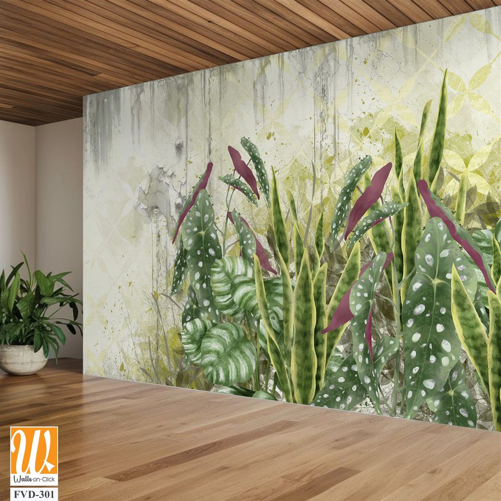 Light yellow background with shabby texture, tropical leaves in the foreground [WP-FVD-301]