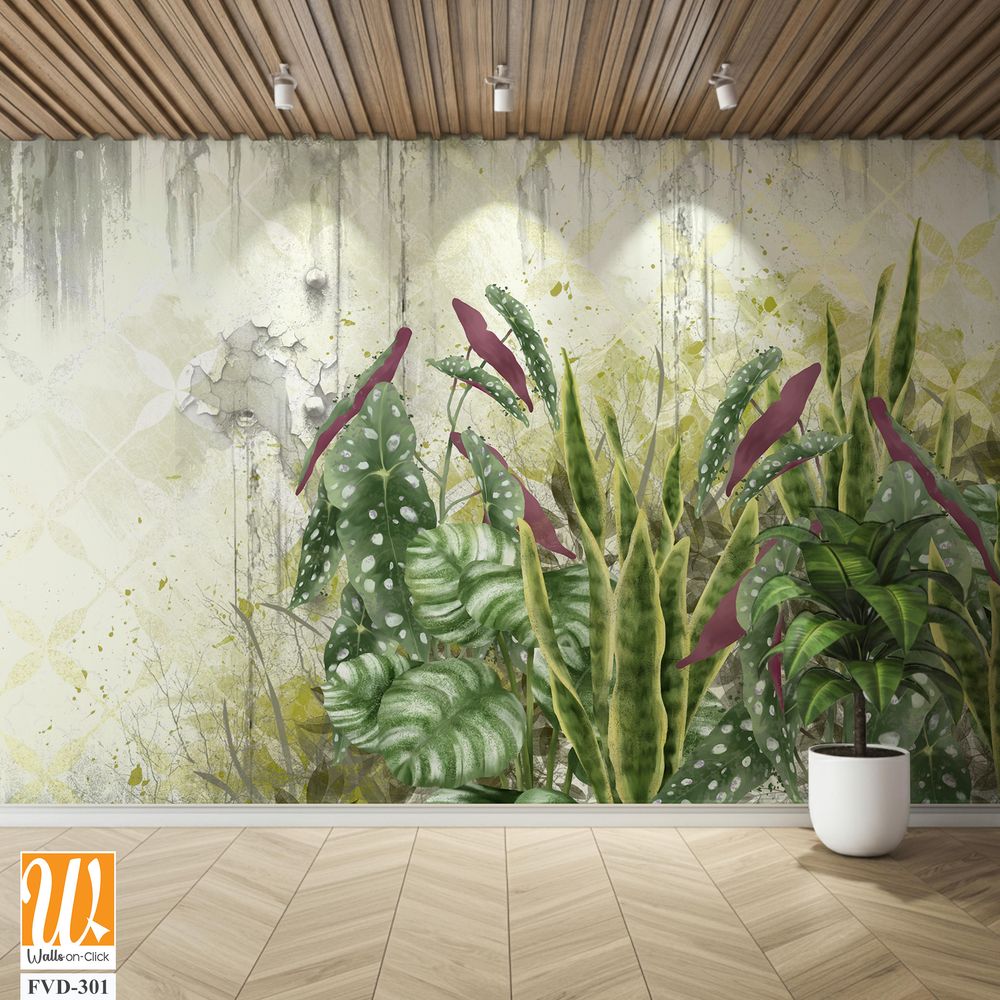 Light yellow background with shabby texture, tropical leaves in the foreground [WP-FVD-301]