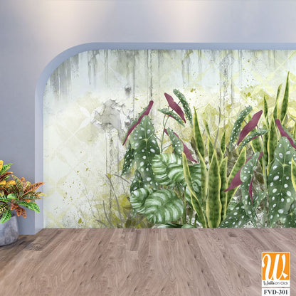 Light yellow background with shabby texture, tropical leaves in the foreground [WP-FVD-301]