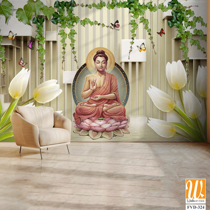 Buddha statue in a lotus position by white tulips [WP-FVD-324]