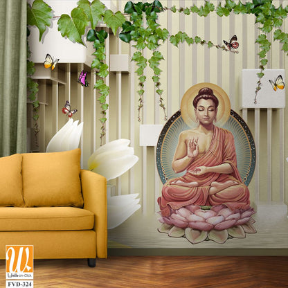 Buddha statue in a lotus position by white tulips [WP-FVD-324]