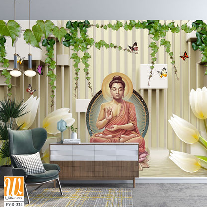 Buddha statue in a lotus position by white tulips [WP-FVD-324]