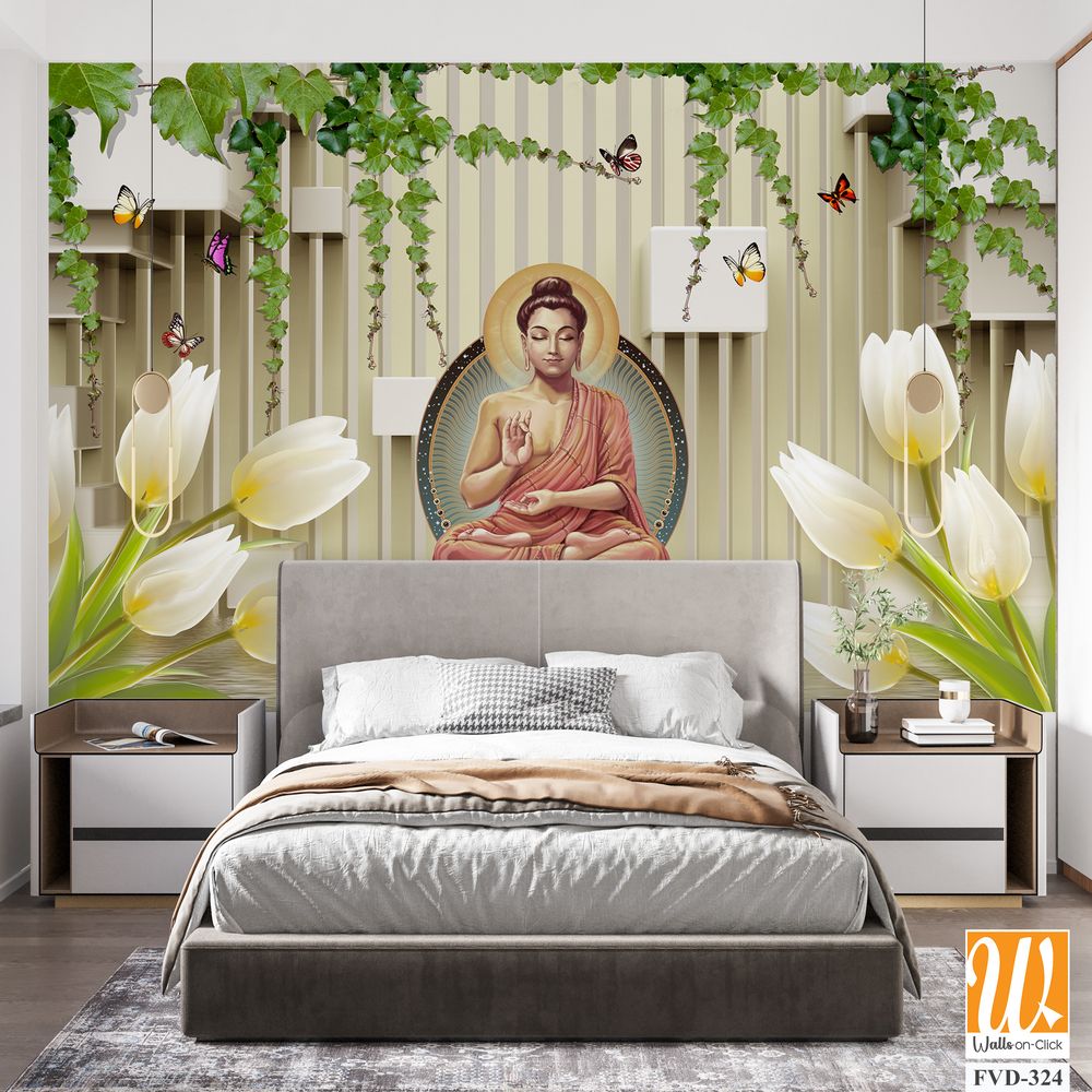 Buddha statue in a lotus position by white tulips [WP-FVD-324]