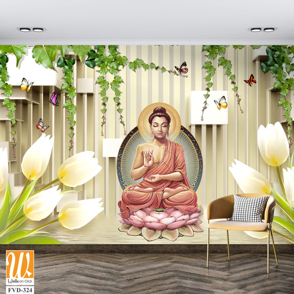 Buddha statue in a lotus position by white tulips [WP-FVD-324]