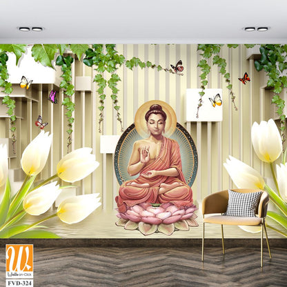 Buddha statue in a lotus position by white tulips [WP-FVD-324]