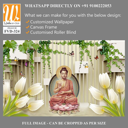 Buddha statue in a lotus position by white tulips [WP-FVD-324]