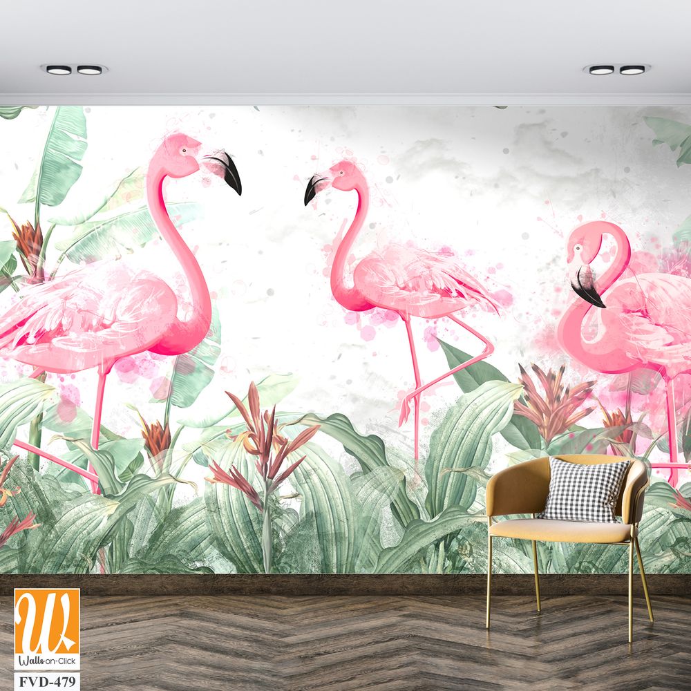 Flamingos in tropical plants on a textured background in light colors in a watercolor style [WP-FVD-479]