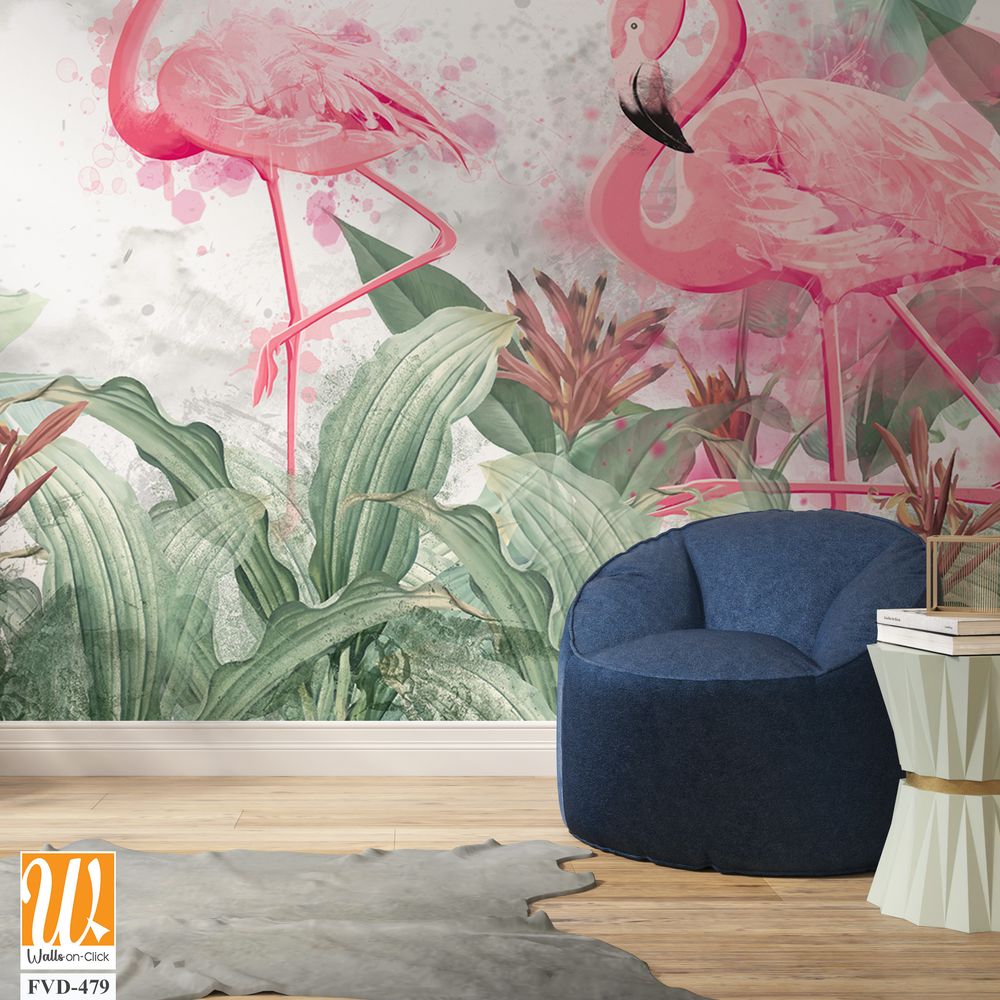 Flamingos in tropical plants on a textured background in light colors in a watercolor style [WP-FVD-479]