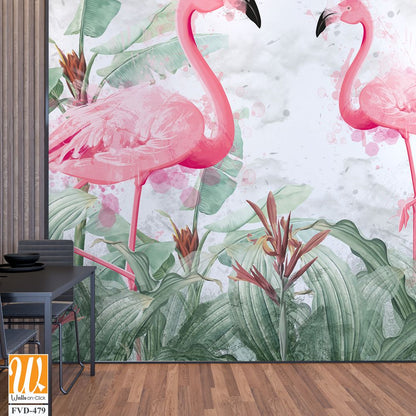 Flamingos in tropical plants on a textured background in light colors in a watercolor style [WP-FVD-479]