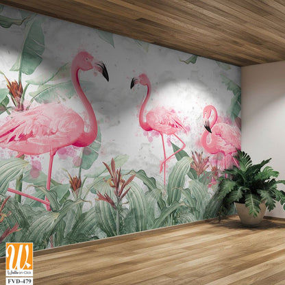 Flamingos in tropical plants on a textured background in light colors in a watercolor style [WP-FVD-479]