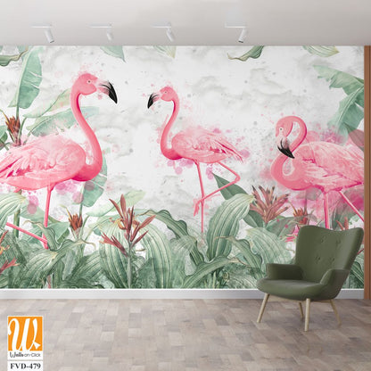 Flamingos in tropical plants on a textured background in light colors in a watercolor style [WP-FVD-479]