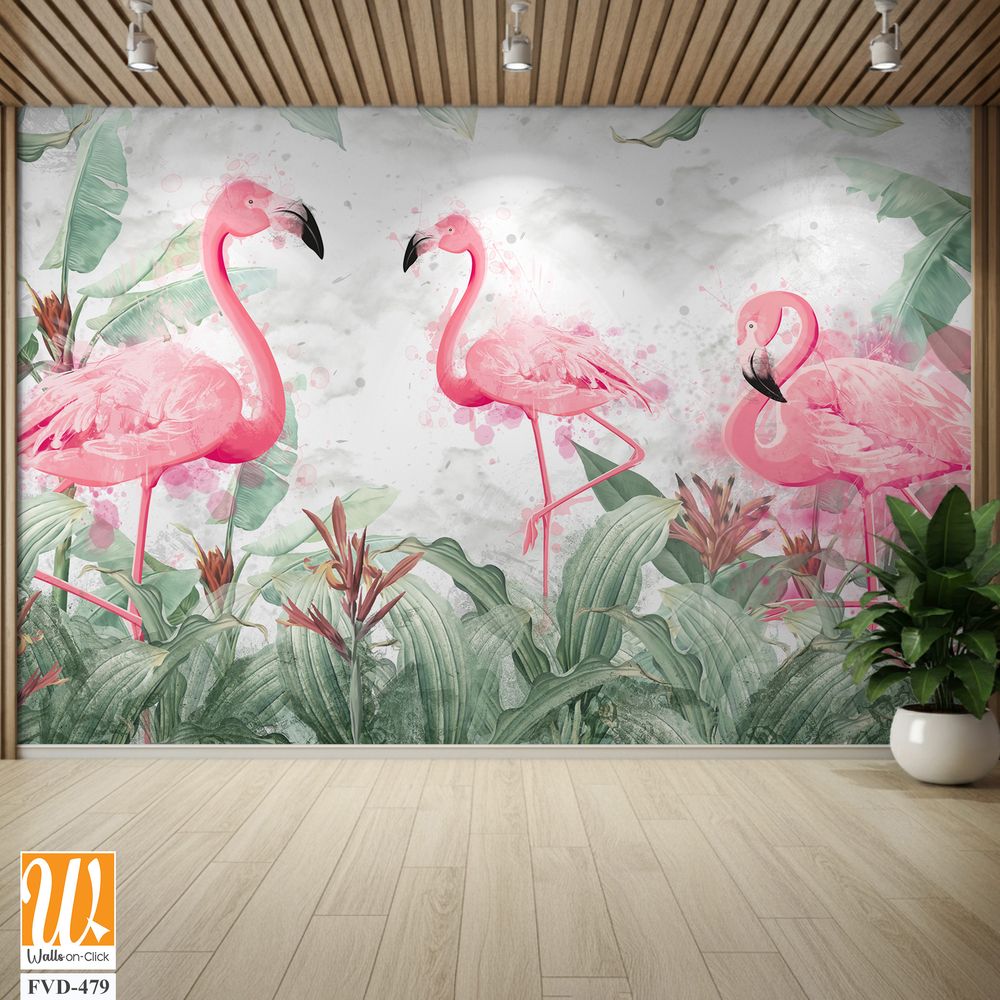 Flamingos in tropical plants on a textured background in light colors in a watercolor style [WP-FVD-479]