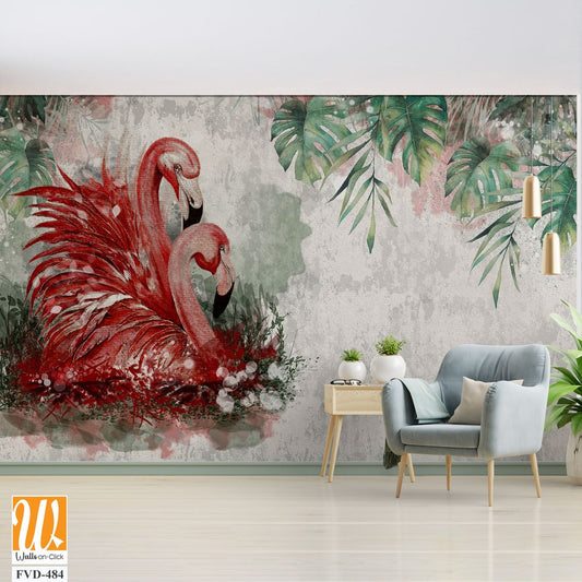 Tropical flamingos photo wallpaper in the room [WP-FVD-484]