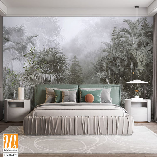 A foggy jungle with palm trees, monochrome [WP-FVD-495]