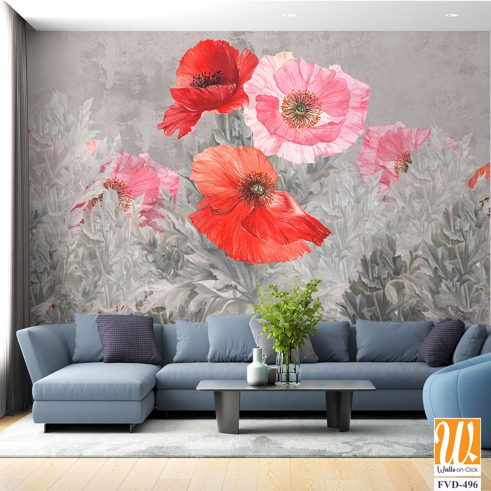 Red and Pink Poppies in a Field of Grey Floral [WP-FVD-496]