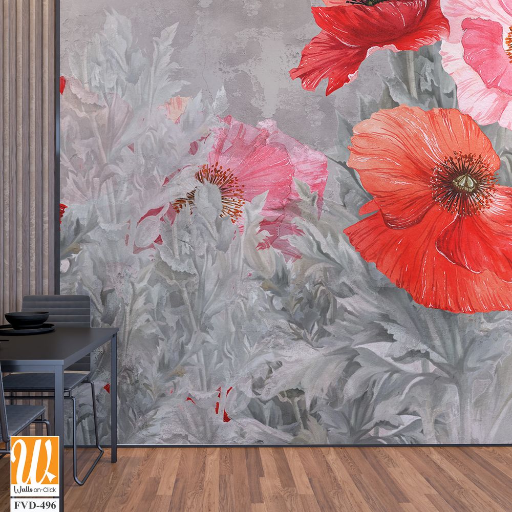 Red and Pink Poppies in a Field of Grey Floral [WP-FVD-496]