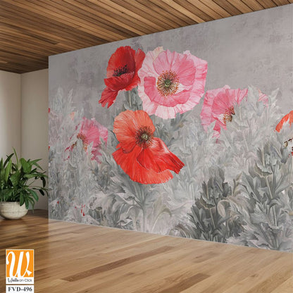 Red and Pink Poppies in a Field of Grey Floral [WP-FVD-496]