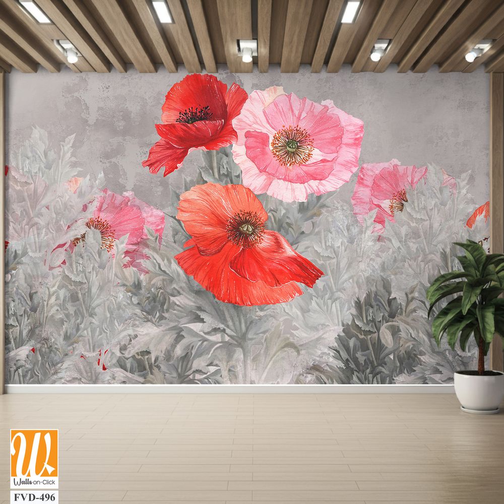 Red and Pink Poppies in a Field of Grey Floral [WP-FVD-496]