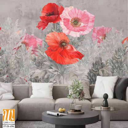 Red and Pink Poppies in a Field of Grey Floral [WP-FVD-496]