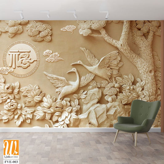 3D relief of carved stone wall art of cranes and flowers [WP-FVE-003]