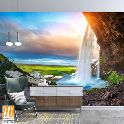 Waterfall at golden hour in Iceland Wallpaper [WP-FVE-120]