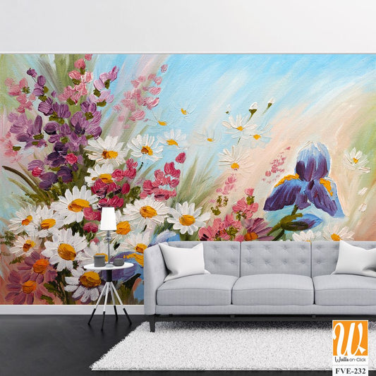 A beautiful painting of wildflowers, irises, and daisies [WP-FVE-232]