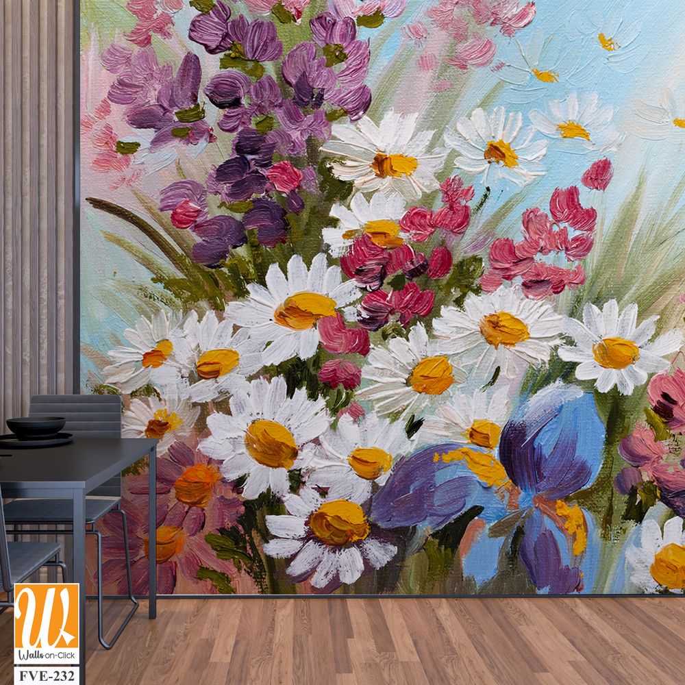 A beautiful painting of wildflowers, irises, and daisies [WP-FVE-232]