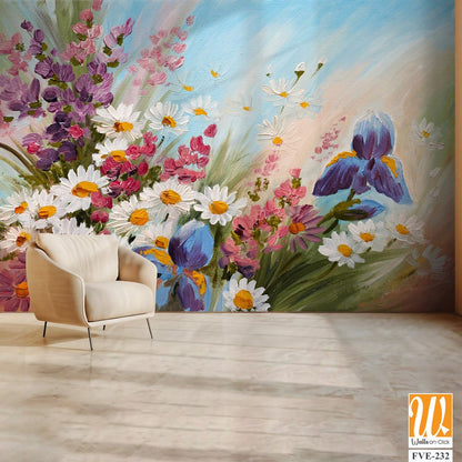 A beautiful painting of wildflowers, irises, and daisies [WP-FVE-232]