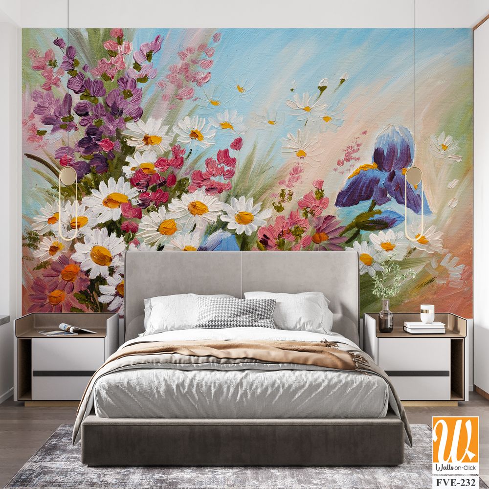 A beautiful painting of wildflowers, irises, and daisies [WP-FVE-232]