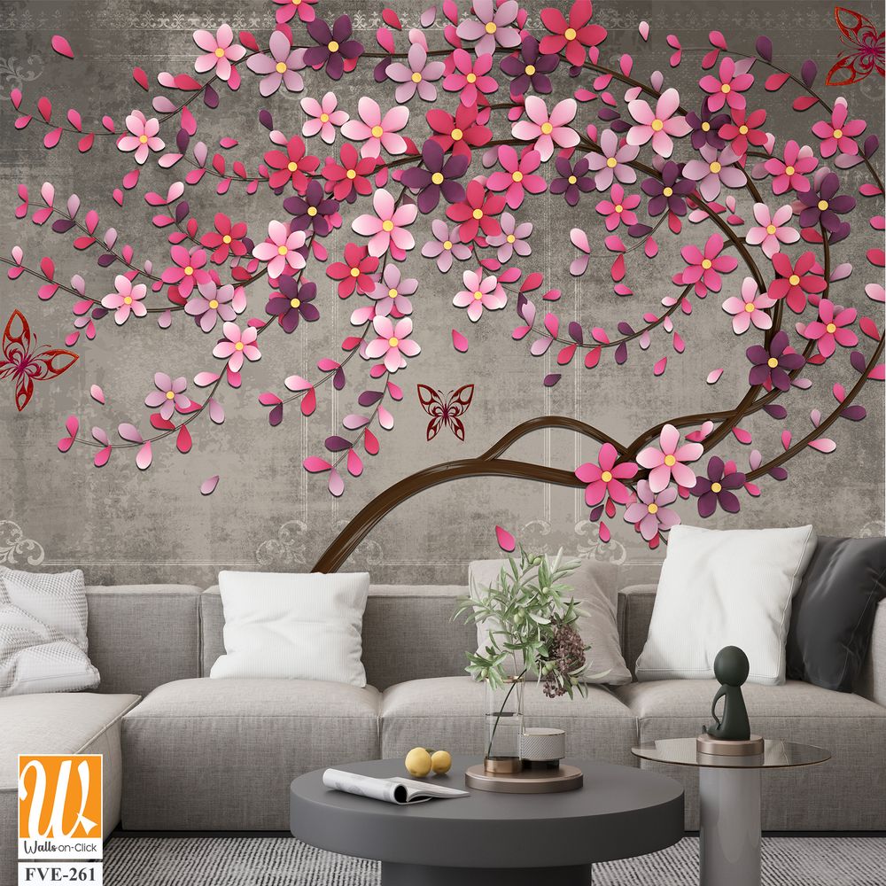 3D cherry blossom tree with pink and purple flowers Wallpaper [WP-FVE-261]