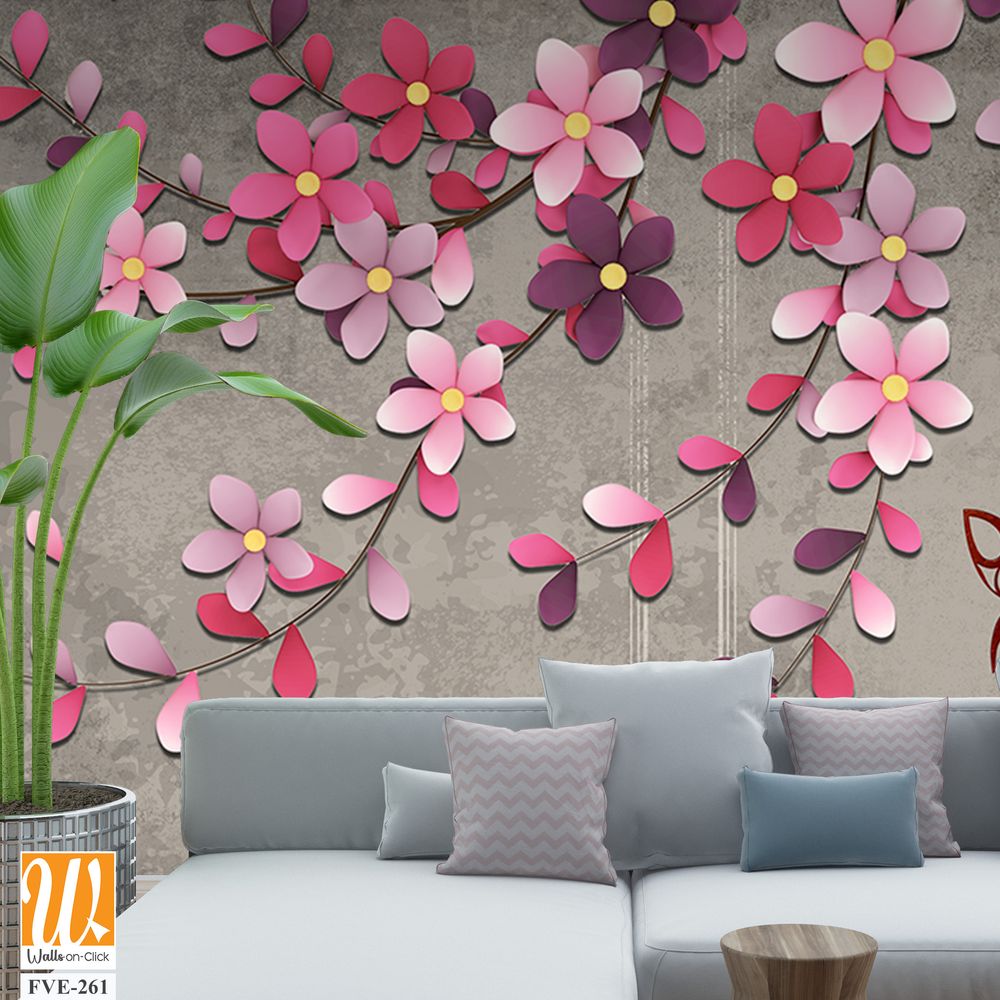 3D cherry blossom tree with pink and purple flowers Wallpaper [WP-FVE-261]