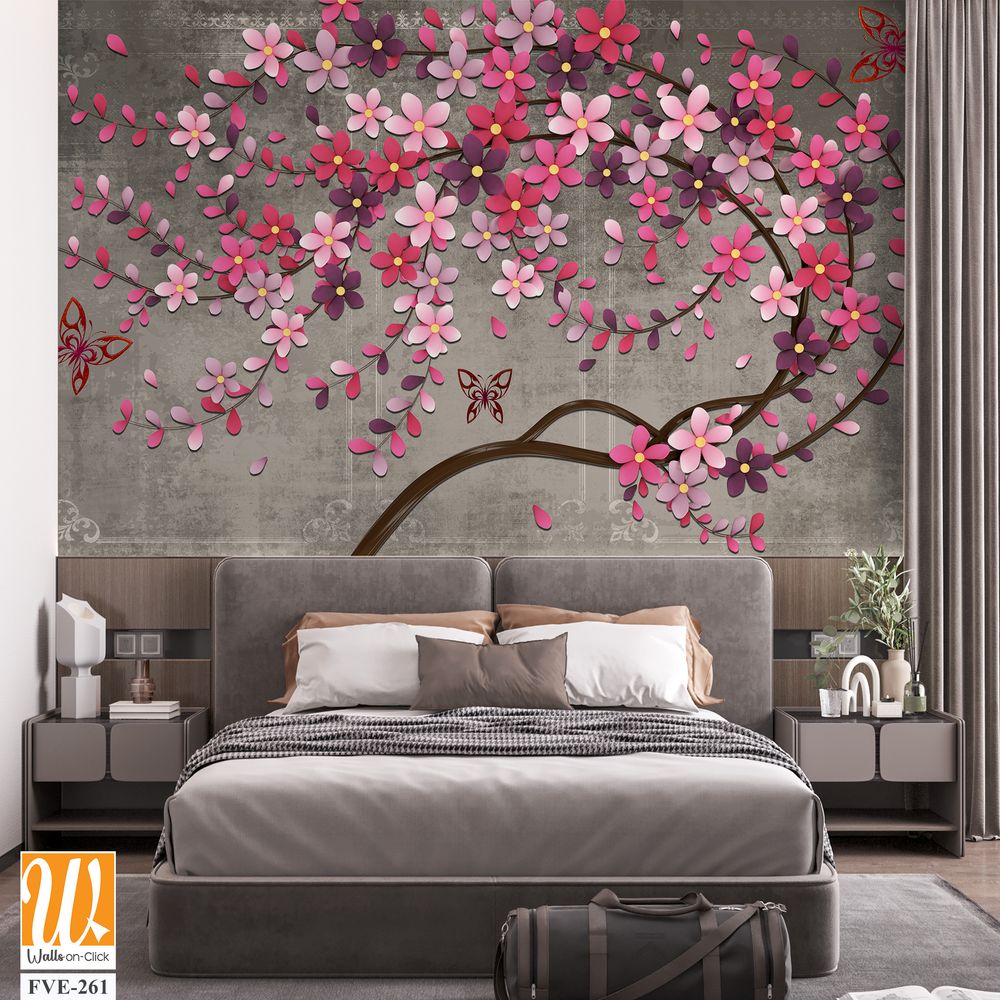 3D cherry blossom tree with pink and purple flowers Wallpaper [WP-FVE-261]