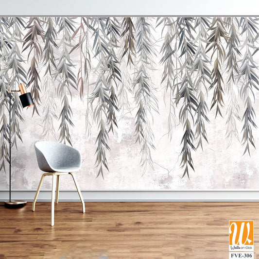 Photo wallpaper, wallpaper, mural design in the loft, classic, modern style. Willow branches on a gray concrete grunge wall. [WP-FVE-306]