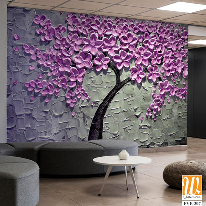 3D textured purple cherry blossom tree painting Wallpaper [WP-FVE-307]