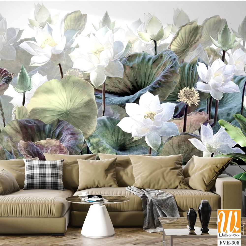 Lotus garden with large leaves Wallpaper [WP-FVE-308]