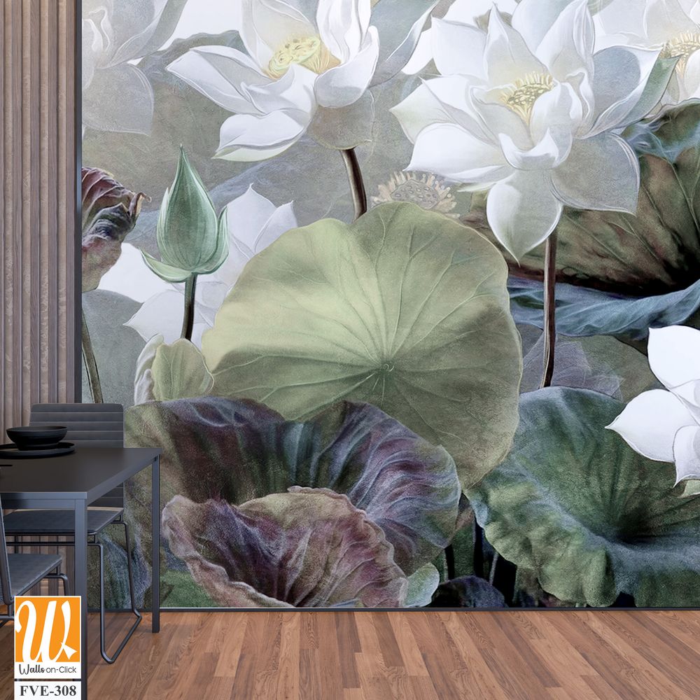 Lotus garden with large leaves Wallpaper [WP-FVE-308]