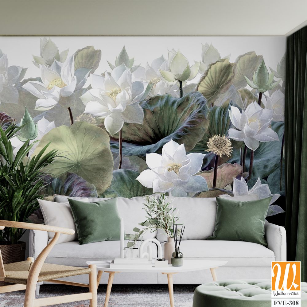 Lotus garden with large leaves Wallpaper [WP-FVE-308]