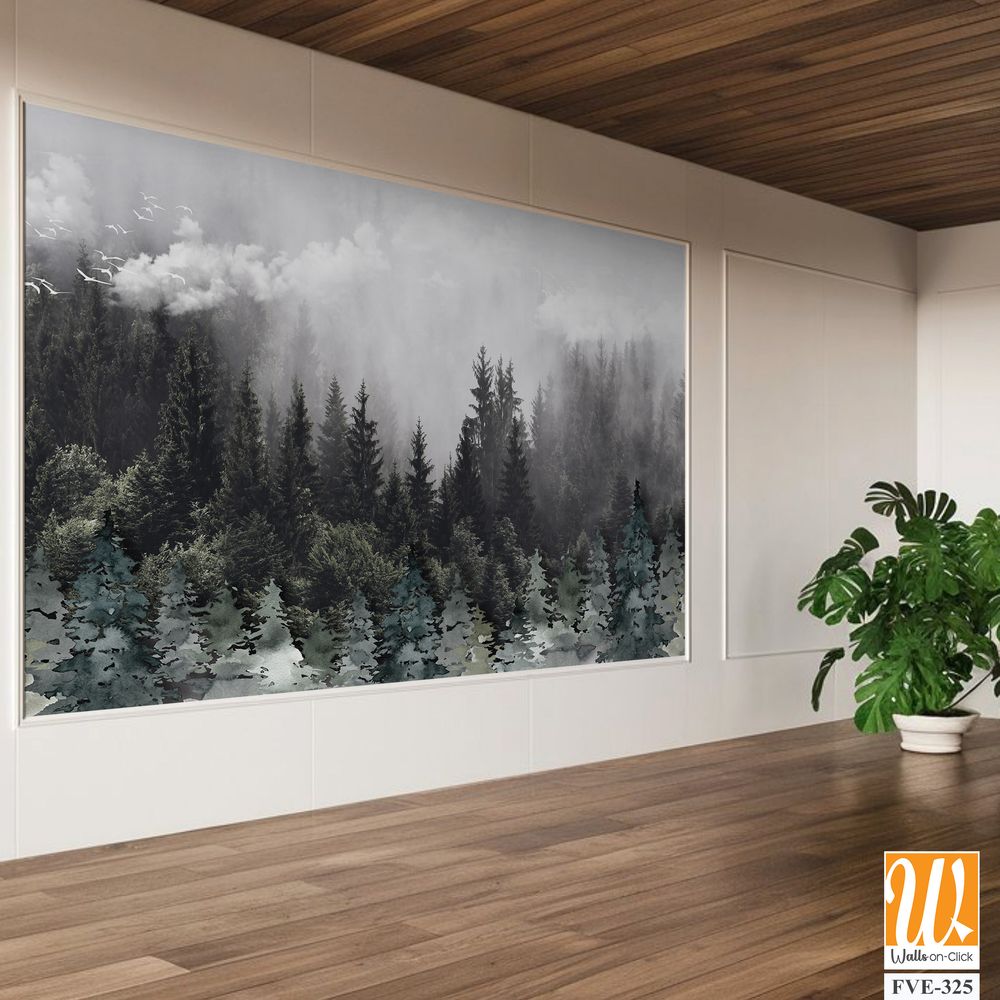 Art piece of an evergreen forest with misty cloud [WP-FVE-325]