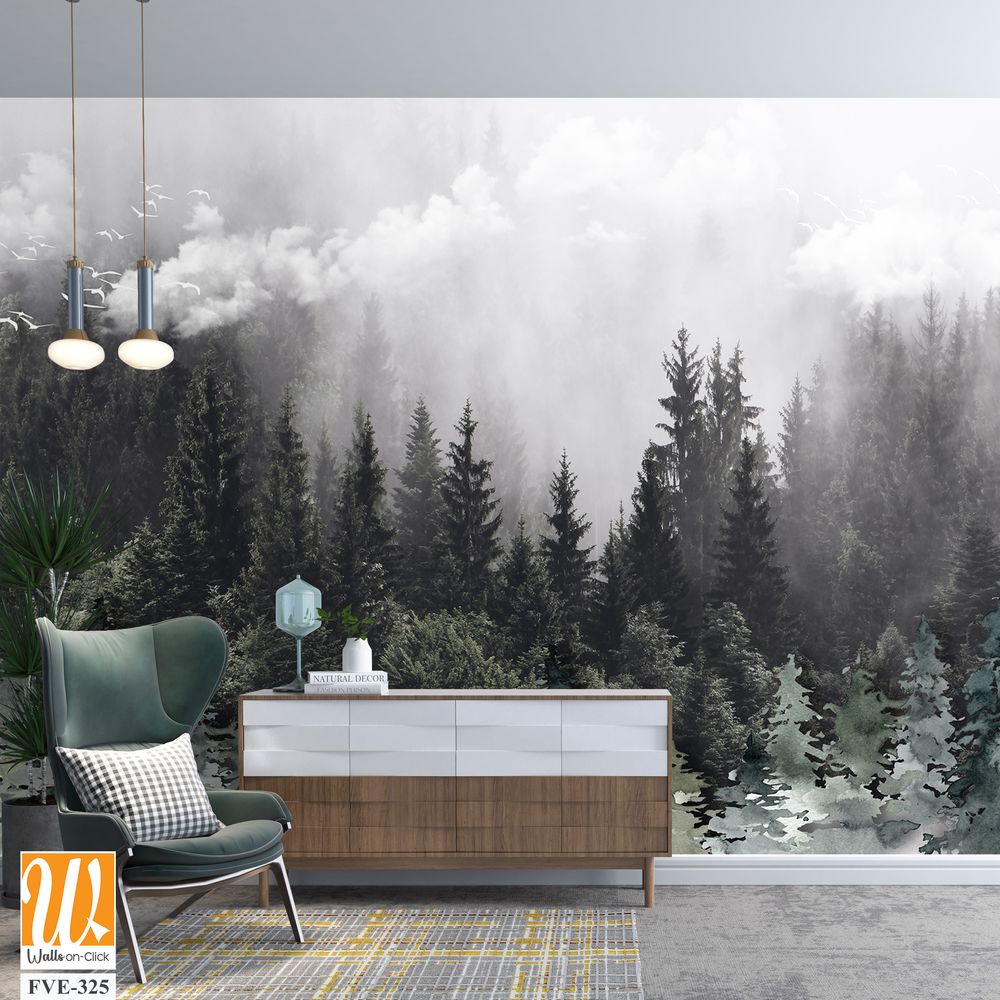 Art piece of an evergreen forest with misty cloud [WP-FVE-325]